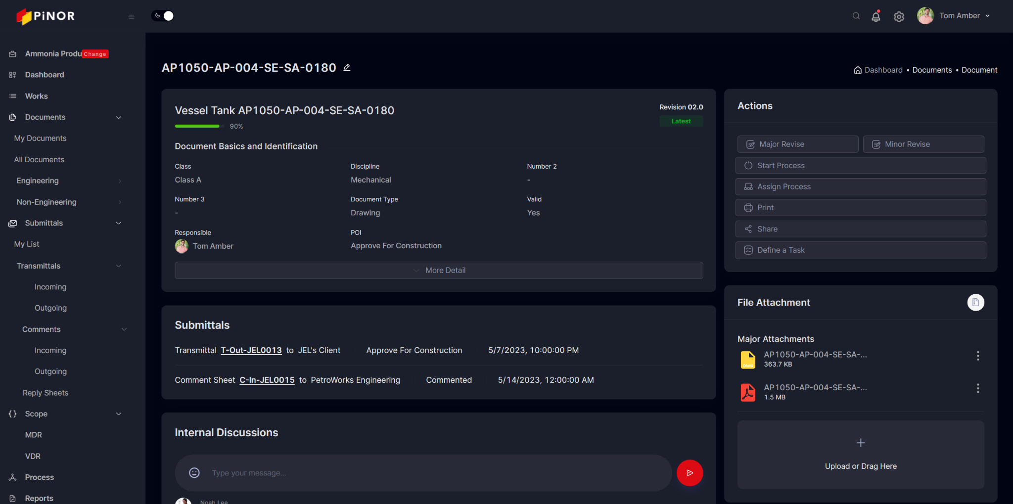 PiNOR document workspace with engineering document details, submittals and attachments
